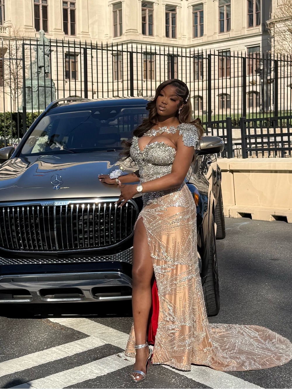 Silver Beaded Illusion Prom Dress with Thigh Slit